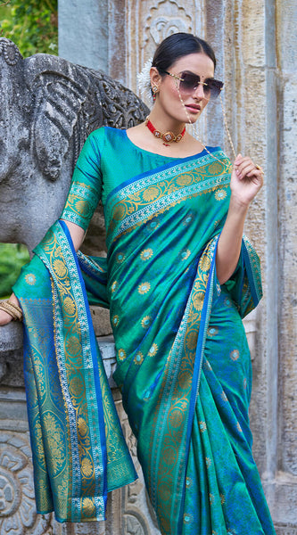 Arresting Rama Kanjivaram Silk Saree With Palimpsest Blouse Piece