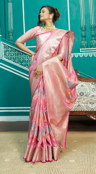 Refreshing Baby Pink Organza Silk Saree With Radiant Blouse Piece
