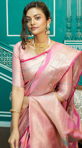 Refreshing Baby Pink Organza Silk Saree With Radiant Blouse Piece