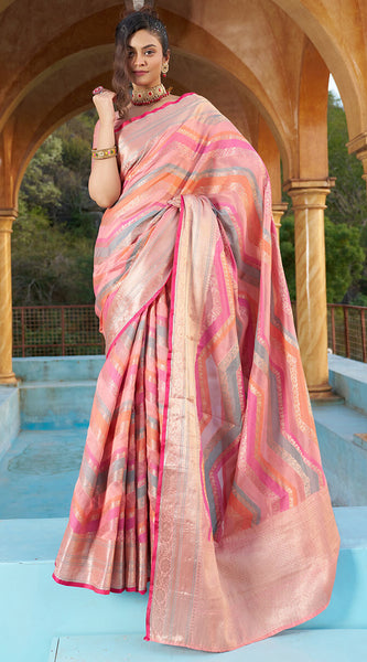 Mesmerising Pink Organza Silk Saree With Delightful Blouse Piece