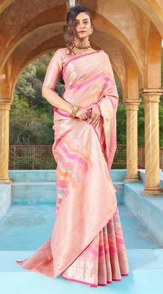 Mesmerising Pink Organza Silk Saree With Delightful Blouse Piece