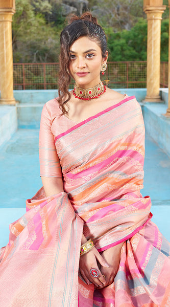 Mesmerising Pink Organza Silk Saree With Delightful Blouse Piece