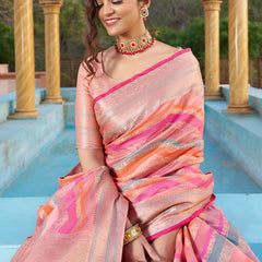 Mesmerising Pink Organza Silk Saree With Delightful Blouse Piece
