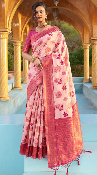 Panoply Baby Pink Organza Silk Saree With Lissome Blouse Piece