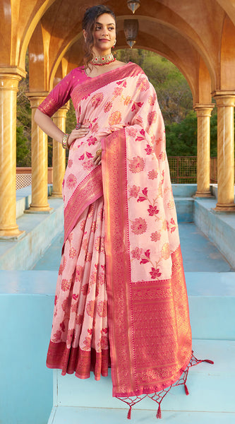 Panoply Baby Pink Organza Silk Saree With Lissome Blouse Piece