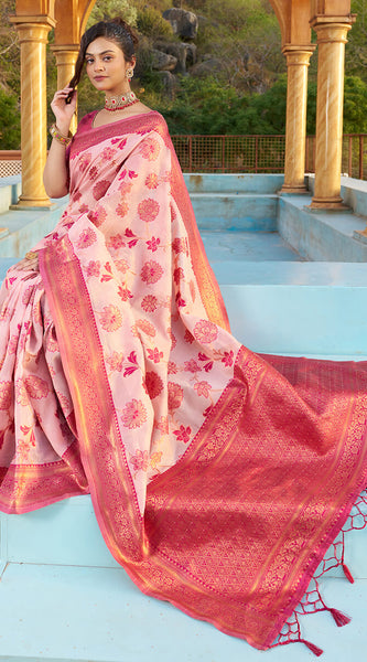 Panoply Baby Pink Organza Silk Saree With Lissome Blouse Piece