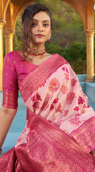 Panoply Baby Pink Organza Silk Saree With Lissome Blouse Piece