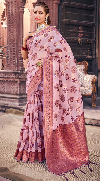 Demesne Lavender Organza Silk Saree With Lassitude Blouse Piece