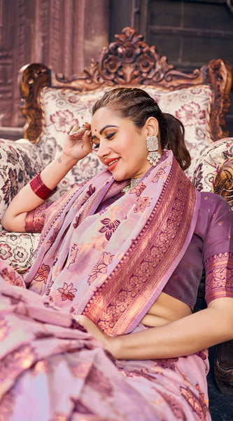 Demesne Lavender Organza Silk Saree With Lassitude Blouse Piece