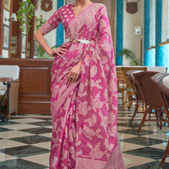 Flameboyant Pink Lucknowi work Silk Saree With Fancifull Blouse Piece