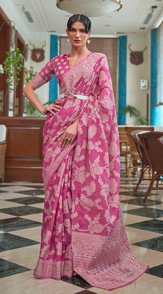 Flameboyant Pink Lucknowi work Silk Saree With Fancifull Blouse Piece