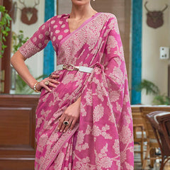 Flameboyant Pink Lucknowi work Silk Saree With Fancifull Blouse Piece