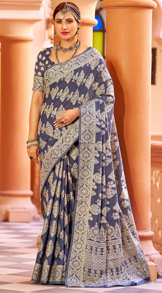 Fancifull Navy Blue Lucknowi work Silk Saree With Demanding Blouse Piece
