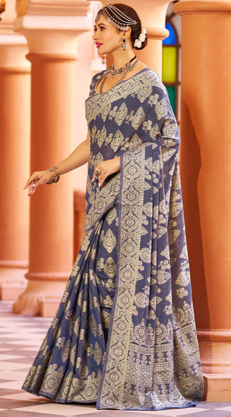 Fancifull Navy Blue Lucknowi work Silk Saree With Demanding Blouse Piece