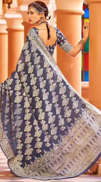 Fancifull Navy Blue Lucknowi work Silk Saree With Demanding Blouse Piece