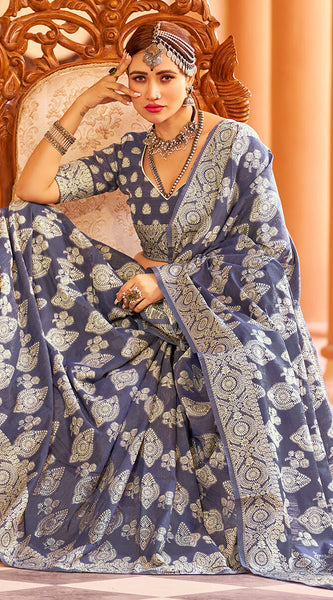 Fancifull Navy Blue Lucknowi work Silk Saree With Demanding Blouse Piece