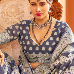 Fancifull Navy Blue Lucknowi work Silk Saree With Demanding Blouse Piece