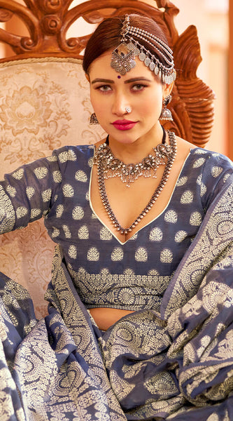 Fancifull Navy Blue Lucknowi work Silk Saree With Demanding Blouse Piece