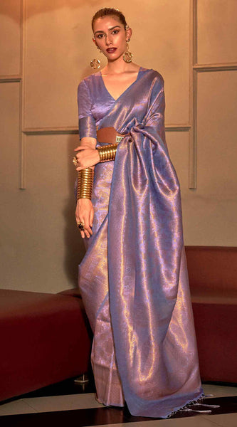 Trendy Lavender Kanjivaram Silk Saree With Marvellous Blouse Piece