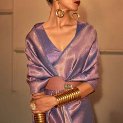 Trendy Lavender Kanjivaram Silk Saree With Marvellous Blouse Piece