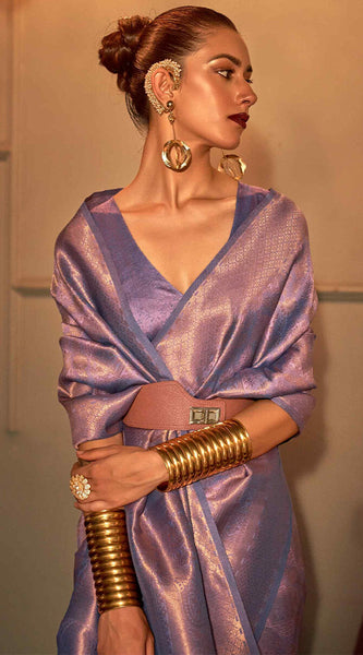 Trendy Lavender Kanjivaram Silk Saree With Marvellous Blouse Piece
