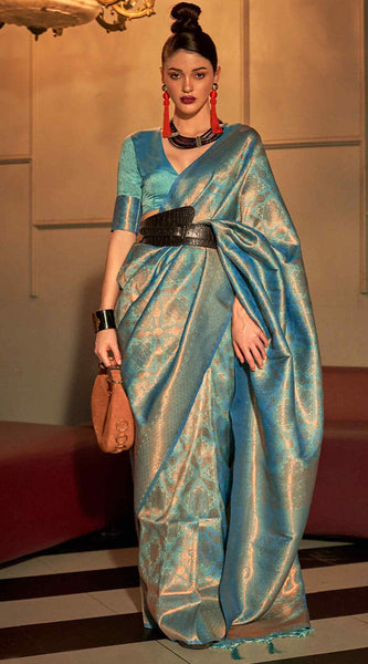 Flattering Turquoise Kanjivaram Silk Saree With Pretty Blouse Piece
