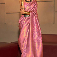 Gleaming Pink Kanjivaram Silk Saree With Energetic Blouse Piece