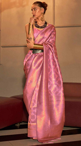 Gleaming Pink Kanjivaram Silk Saree With Energetic Blouse Piece