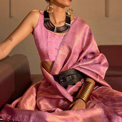 Gleaming Pink Kanjivaram Silk Saree With Energetic Blouse Piece