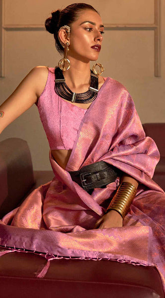 Gleaming Pink Kanjivaram Silk Saree With Energetic Blouse Piece