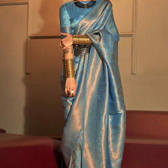 Gratifying Firozi Kanjivaram Silk Saree With Girlish Blouse Piece
