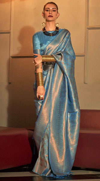 Gratifying Firozi Kanjivaram Silk Saree With Girlish Blouse Piece