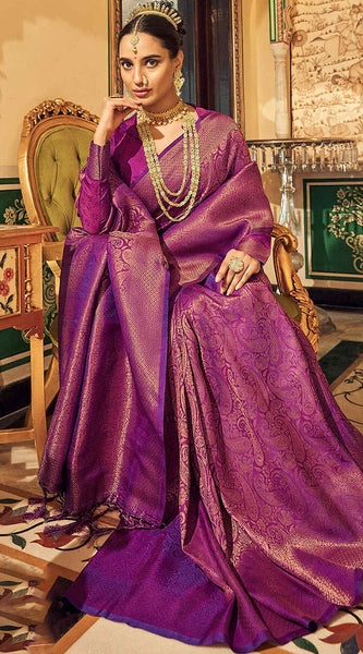 Denouement Purple Kanjivaram Silk Saree With Felicitous Blouse Piece