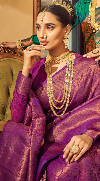 Denouement Purple Kanjivaram Silk Saree With Felicitous Blouse Piece