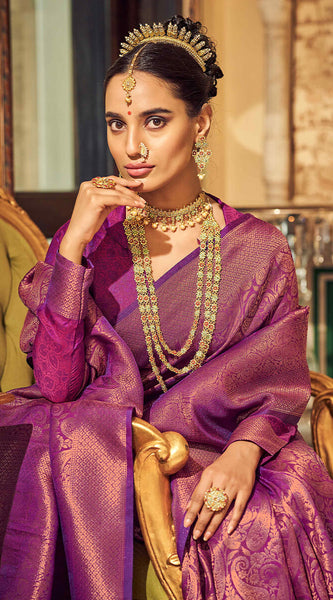 Denouement Purple Kanjivaram Silk Saree With Felicitous Blouse Piece
