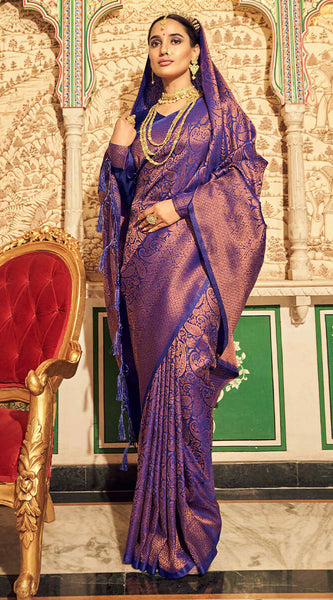 Unequalled Royal Blue Kanjivaram Silk Saree With Incomparable Blouse Piece