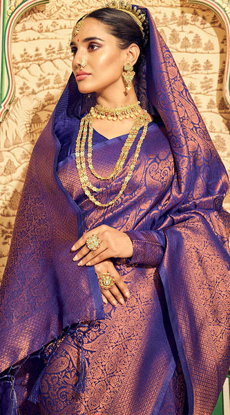Unequalled Royal Blue Kanjivaram Silk Saree With Incomparable Blouse Piece