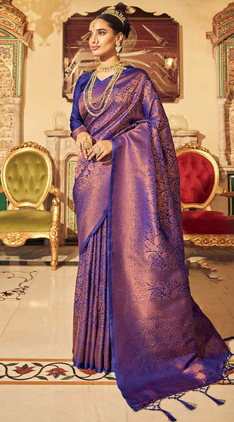 Unequalled Royal Blue Kanjivaram Silk Saree With Incomparable Blouse Piece