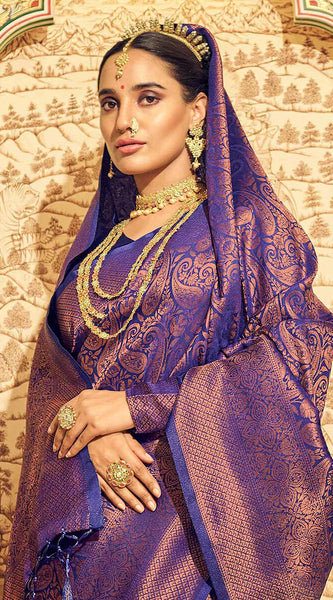 Unequalled Royal Blue Kanjivaram Silk Saree With Incomparable Blouse Piece