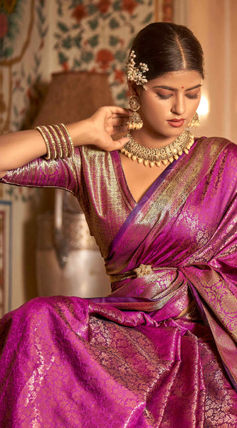 Innovative Purple Kanjivaram Silk Saree With Flattering Blouse Piece