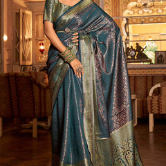 Extraordinary Rama Kanjivaram Silk Saree With Gorgeous Blouse Piece