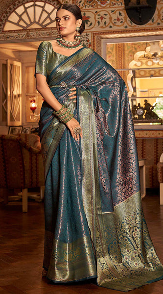 Extraordinary Rama Kanjivaram Silk Saree With Gorgeous Blouse Piece