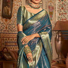 Extraordinary Rama Kanjivaram Silk Saree With Gorgeous Blouse Piece