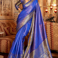 Unique Royal Blue Kanjivaram Silk Saree With Outstanding Blouse Piece