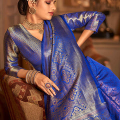 Unique Royal Blue Kanjivaram Silk Saree With Outstanding Blouse Piece