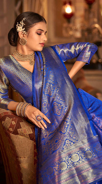 Unique Royal Blue Kanjivaram Silk Saree With Outstanding Blouse Piece
