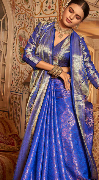 Unique Royal Blue Kanjivaram Silk Saree With Outstanding Blouse Piece