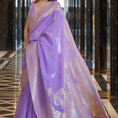Trendy Lavender Cotton Silk Saree With Amazing Blouse Piece