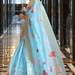Sensational Sky Cotton Silk Saree With Gorgeous Blouse Piece