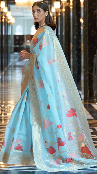 Sensational Sky Cotton Silk Saree With Gorgeous Blouse Piece